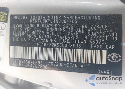 2005 Toyota Camry Le from USA, damaged, VIN 4T1BE32K55U068915